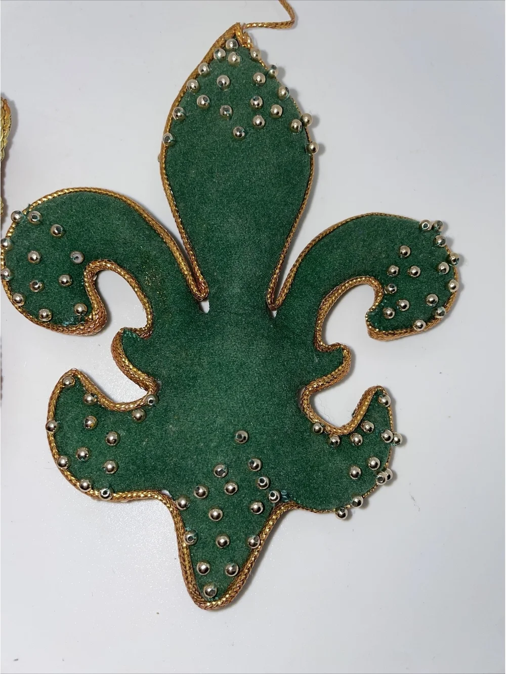 2 vintage Christmas ornaments velvet red green gold Santa Fleur De Lis